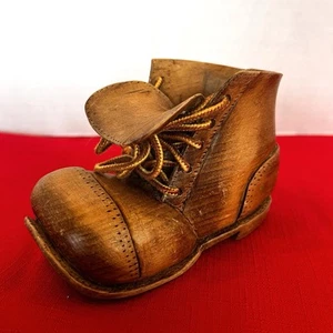 American Folk Art Finely Carved Wood Shoe With Leather Laces Signed D.C. #3 83 - Picture 1 of 14