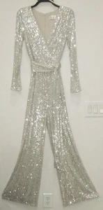 Jumpsuit Eliza J Silber Pailletten Größe 6 - Bild 1 von 10