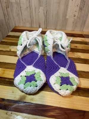手工钩针踝领带拖鞋紫色/绿色柔软女式 8 码 — 第 1/4 张图片