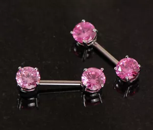 Pair of Front Facing Pink CZ Barbell Nipple Rings Piercing Jewelry 14G 5/8" - Picture 1 of 2