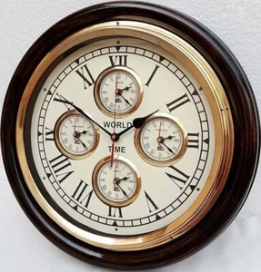Handmade Brass Ring Wooden Wall Clock World Time Unique Style Art Decorative Clo - Picture 1 of 5
