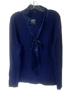 J. Peterman Blue Long Sleeve Silk Ribbon Tie V Neck Sweater Size L Wool NWOT - Picture 1 of 5