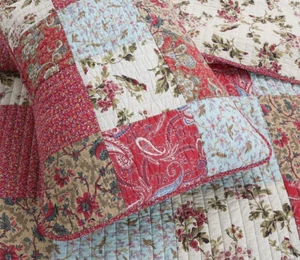 COUNTRY RED PATCH 3p Queen QUILT : COZY COTTON IVORY FLORAL BIRDS BLUE PAISLEY - Picture 1 of 8