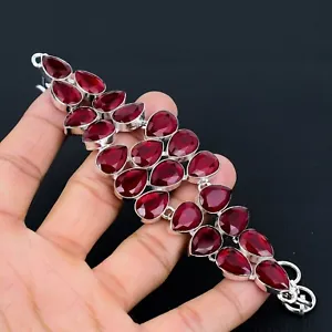 Red Ruby Lab Created Gemstone Handmade 925 Sterling Silver Bracelet For Gifts - Picture 1 of 4