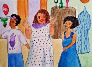 ACEO Original - Girls in Thrift Store - Watercolor 2.5 x 3.5 Signed - Picture 1 of 4