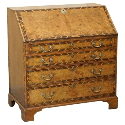 IMPORTANT ANTIQUE GEORGE II 1740 FIGURED WALNUT & ROSEWOOD BROWN LEATHER BUREAU - Image 1 of 4