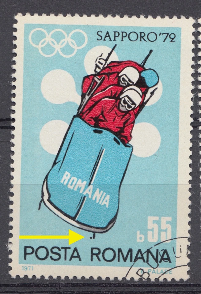 SELLOS DE RUMANIA 1972 JAPÓN Juegos Olímpicos de Sapporo trineo error punto extra usados Foto 1 de 1