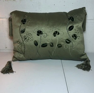 Olive Green Faux Silk Embroidery Tassel Throw Pillow Floral Decorative 16” X 12” - Picture 1 of 8