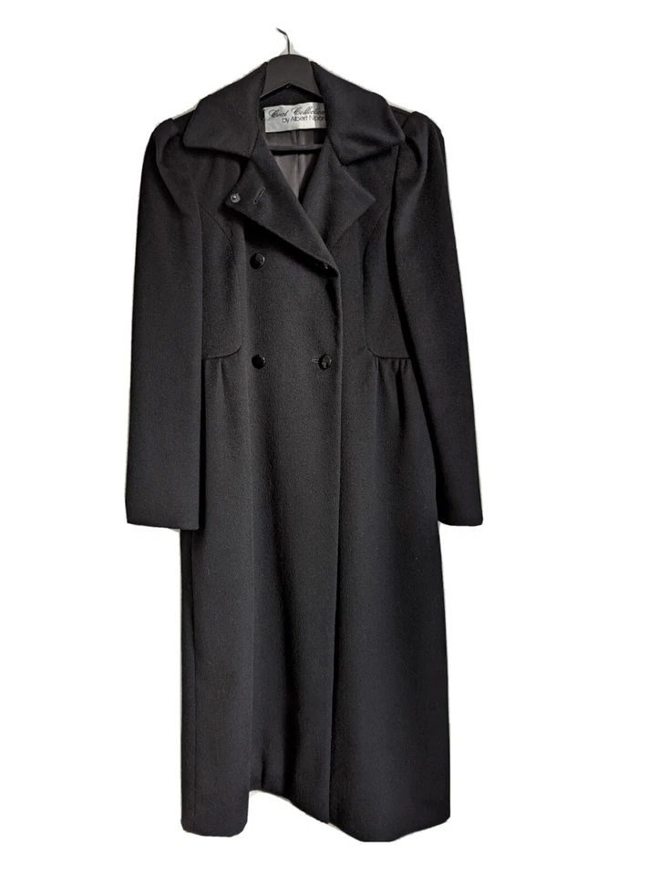 Vintage 70s long wool peacoat overcoat black XS S 34" Biba style goth - Image 1 of 4
