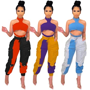 Heißer Verkauf Damen Reißverschluss Tasche Patchwork Neckholder Rückenfrei Skinny Sexy Overall 2 Stck. - Bild 1 von 11