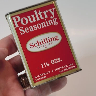 Vtg Schilling Poultry Seasoning Tin 1.25 Oz Slide Opening Decor/Riser Farmhouse  - Image 1 of 4