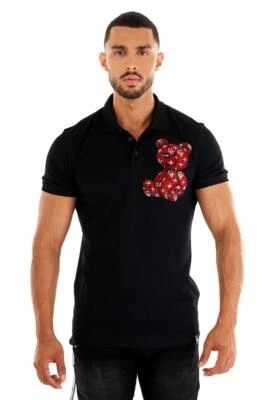Camisa polo masculina Avenue George V Paris preta manga curta vermelho strass ursinho de pelúcia - Imagem 1 de 4