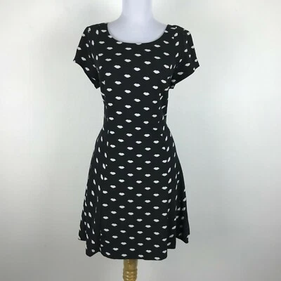 Maison Jules Black White Artsy Lips Dress Size L Short Sleeves Stretch - Image 1 of 4