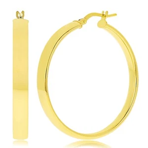 Italian 14k Yellow Gold Rounded Flat Tube Small Hollow Hoop Earrings 1.4" 2.9g - Picture 1 of 4