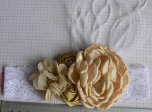 LATTE GOLD & CHAMPAGNE Satin Chiffon Flower Pearls Feather 40mmLace HEADBAND HB3 - Picture 1 of 3