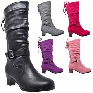 Kids Knee High Boots Mid Calf Girls Lace Up Low Heel w/ Buckle Strap Accent - Picture 1 of 15