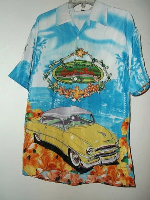 НОВАЯ КЛАССИЧЕСКАЯ ГАВАЙСКАЯ РУБАШКА ДЛЯ СЕРФЕРОВ винтажный АВТОМОБИЛЬ НА ПЛЯЖЕ L или XL - Изображение 1 из 3