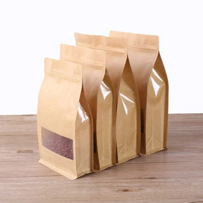 Flat Bottom Standing Kraft Paper Bag Window Zip Lock Heat Seal Food Grade Pouch - Image 1 of 4