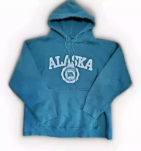 Vintage Alaska Hoodie Mens S Green Sweatshirt Spellout State Up North Sweater - Picture 1 of 13