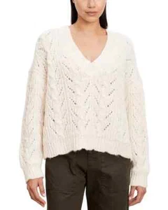 Velvet by Graham & Spencer Cable Knit V-Neck Sweater Women's M Milk Pullover L/S - Picture 1 of 15