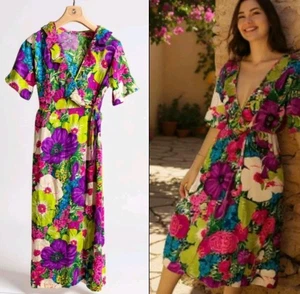 Vtg 60's Society Hawaiian Multicolor Floral Wrap Ruffled Maxi Dress Robe! M - Picture 1 of 9