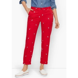 Talbots Relaxed Chinos Frenchie Critter Pants 12P Red Embroidered Dog Print - Picture 1 of 9