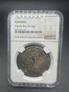 1908-S Filipinas Administración de EE. UU. Peso de Plata NGC Genuino Bahía de Manila Guerra Salvamento - Imagen 1 de 7