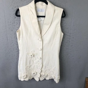 Orlando Rossi Vest Womens 8 Ivory Linen Shawl Collar Crochet Applique Lined - Picture 1 of 21