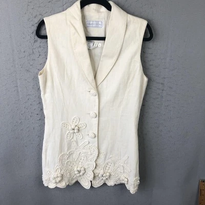 Orlando Rossi Vest Womens 8 Ivory Linen Shawl Collar Crochet Applique Lined - Image 1 of 4