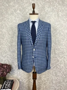 Isaia Napoli Blue White Check 100% Silk Half Lined Handmade Italian Blazer 40 - Picture 1 of 14
