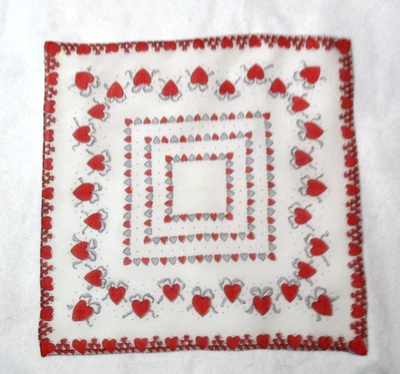 Vintage Valentine Hearts Hankie, Handkerchief Red & Grey - Image 1 of 4