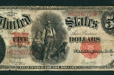 Billete de Estados Unidos de $5 1907 ** Licitación legal ** Picadora de leña ** MONEDA Foto 1 de 3