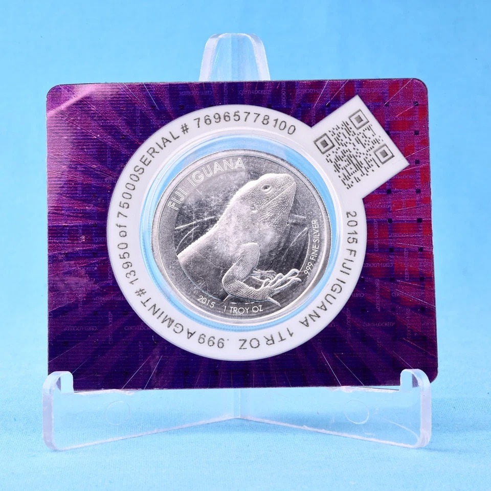 Fiji 1 dollaro 2015 Fiji Iguana 1 oncia Argento 999 non usato in coincard - Immagine 1 di 3