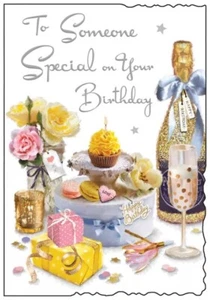 Biglietto Compleanno Jonny Javelin Qualcuno Speciale - Fiori Cupcake Champagne 9x6,25" - Foto 1 di 2