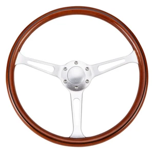 15 Zoll 380 mm klassisches Holzlenkrad tiefe Schale gebürstete Speiche silber Zierleiste & Horn - Bild 1 von 6