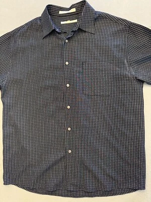 Perry Ellis Button Down Shirt Mens Large Navy Blue Plaid Collared Pocket - Image 1 of 4