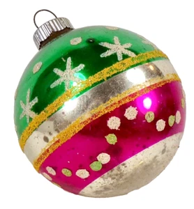 Shiny Brite Christmas Ornament Ball Pink Green Silver Glitter Stars #1137 - Picture 1 of 8