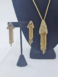 Vintage Schmuckset Gold Ohrringe Halskette & Anhänger Gold Quasten Pave Kristalle - Bild 1 von 12