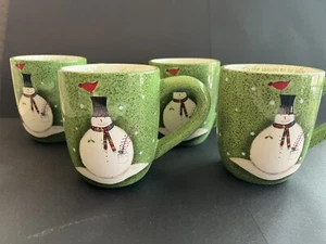 Oneida Snowmates Green 4 Mugs Christmas Debbie Taylor-Kerman Hand Painted Winter - Picture 1 of 2
