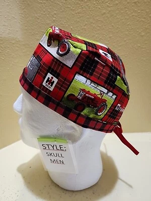 Tractor (red) Men's Skull/Chemo Surgical Scrub Hat/Cap Handmade - Image 1 of 4