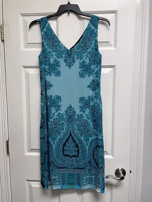 Vestido Tessuto Aqua Teal Azul Negro Paisley Floral Sin Mangas Rayón Talla 12 Foto 1 de 4