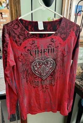 Sinful by Affliction Women's Long Sleeve Shirt Size Large Y2K Grunge Goth USA - Image 1 of 4