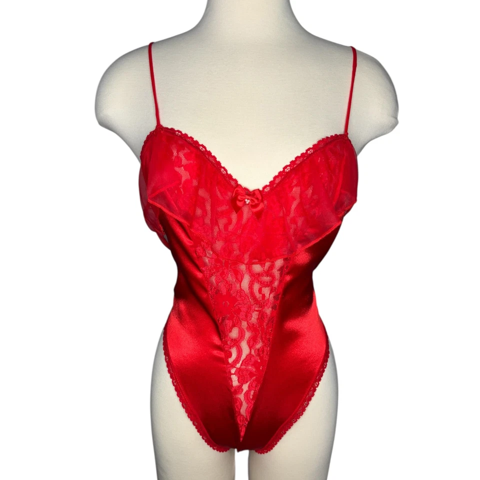 Body de peluche vintage Linea Donatella rojo satinado encaje lencería talla mediana Foto 1 de 4