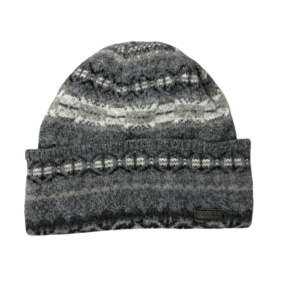 Polo Ralph Lauren Fair Isle Beanie Hat Grey Knit Outdoors Wool Blend Ski Classic - Image 1 of 4