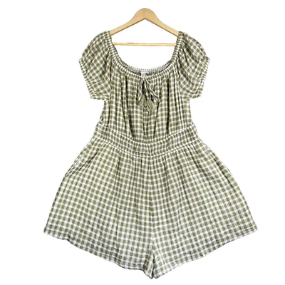 American Eagle Romper Size XL Green Off Shoulder Smocked Gingham Pockets Country - Image 1 of 4