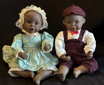 2 VTG African American Porcelain TWIN DOLLS Yolanda Bello BABIES BOY & GIRL - Image 1 of 4