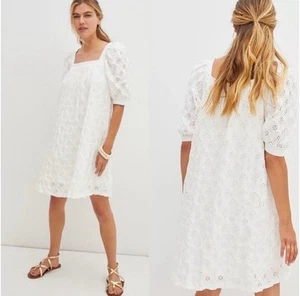 Maeve for Anthropologie NWT Eyelet Mini Puff Sleeve Dress Large L White Lace - Picture 1 of 13