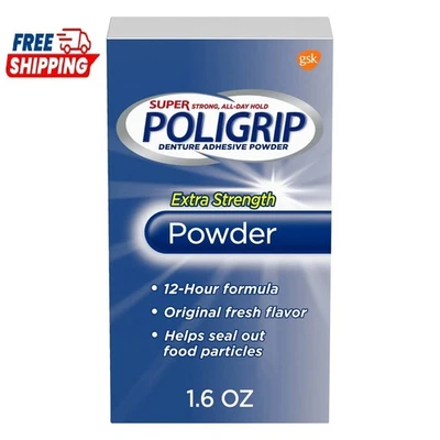 Polvo adhesivo para dentaduras postizas y parciales Super Poligrip, 1,6 oz Foto 1 de 4