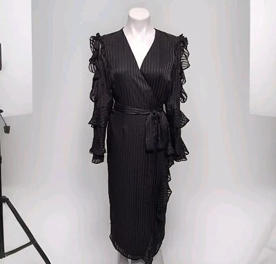 Vestido Bardot Negro Damasco Rayas Volantes Hombro Frío Midi Envolvente Fiesta Cóctel 8 Foto 1 de 4