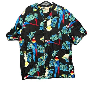 Vintage Paradise Found Button Up Shirt Adult XL Black Hawaiian Parrot Mens - Picture 1 of 5